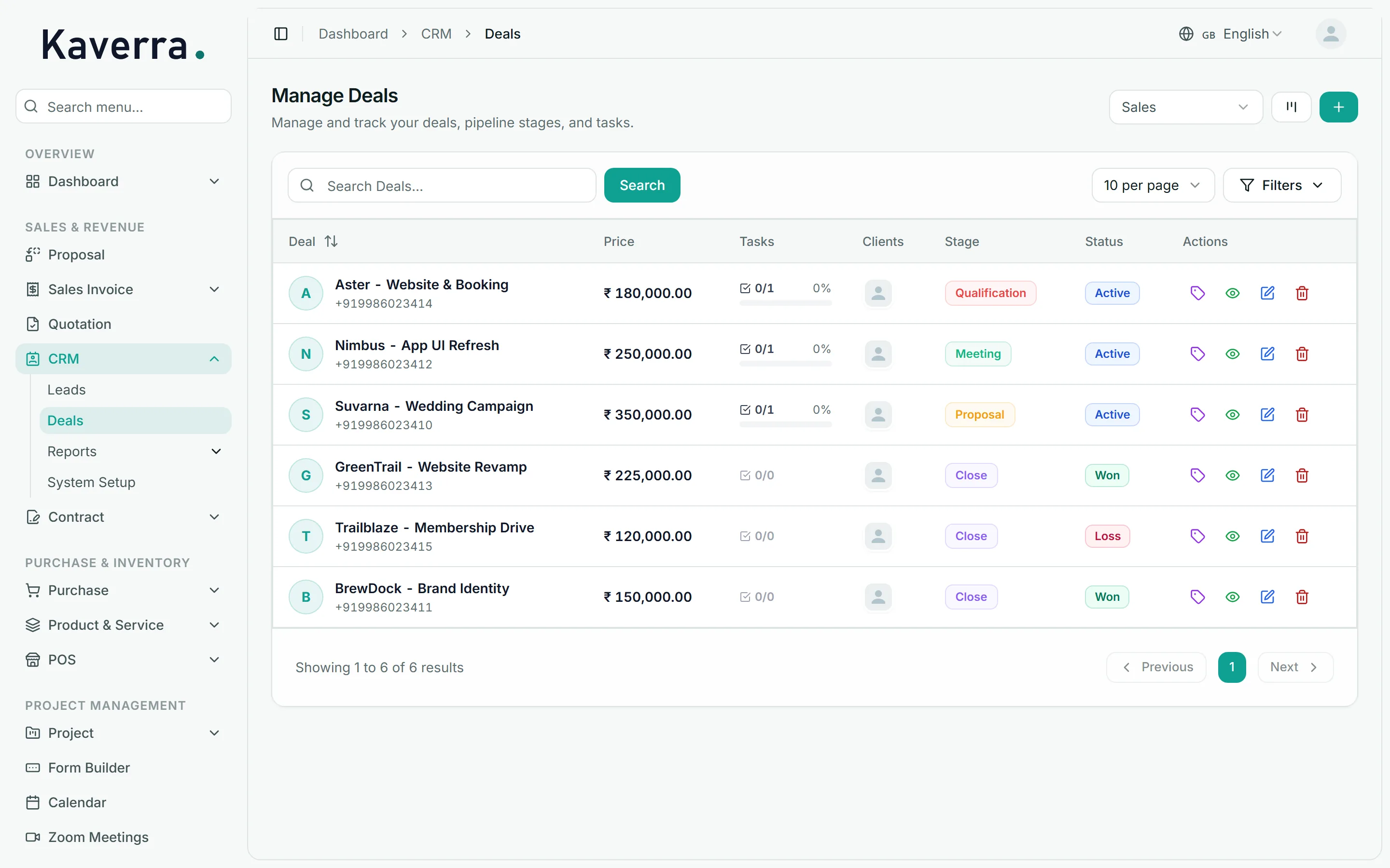 The CRM deals list: each deal with its value, pipeline stage and won, lost or active status