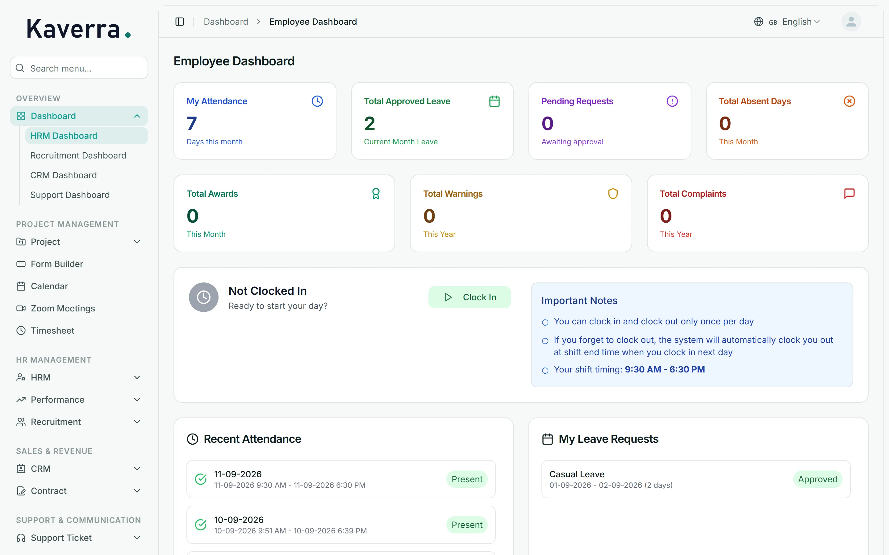 An employee's own dashboard: attendance this month, approved leave, clock-in status and recent attendance
