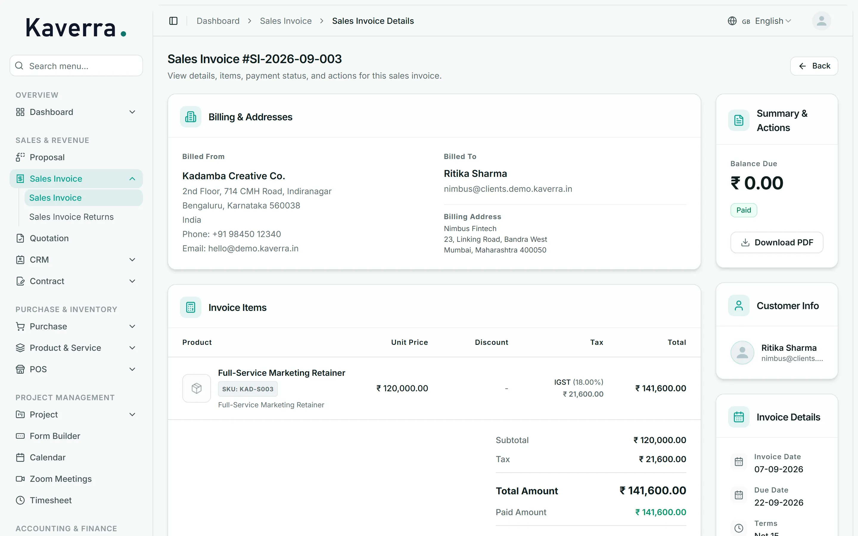 Invoice to a customer in Maharashtra: a single IGST 18% line