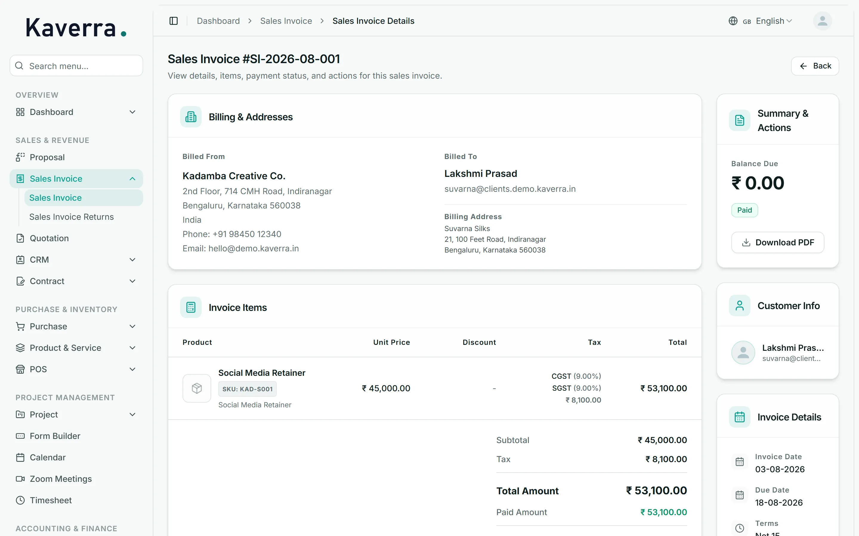A sales invoice to a customer in the same state, taxed as CGST 9% plus SGST 9%