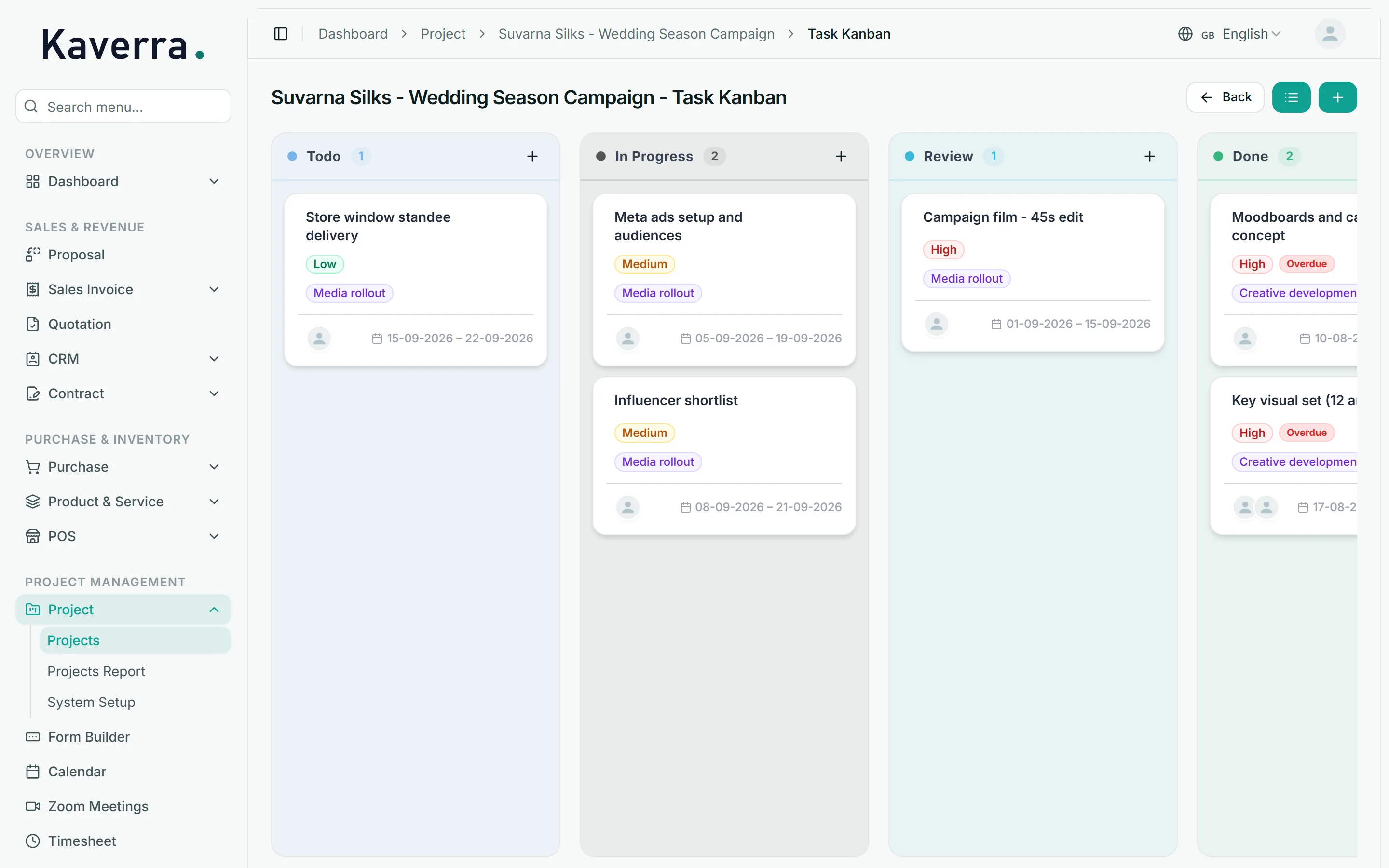 A project task board with To do, In progress, Review and Done columns